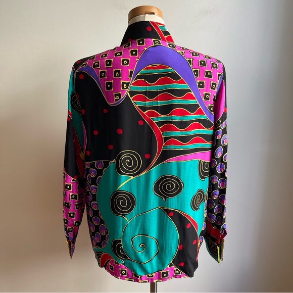 Vintage 90s Starington by Charlotte Silk Blouse Graphic Cuffs Size 4 - Picture 6 of 8